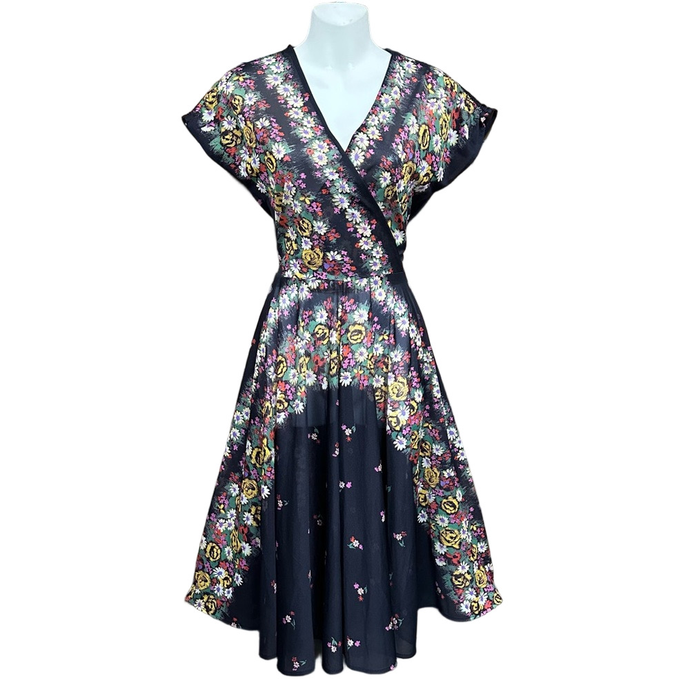 Vintage 80s floral midi dress black full skirt semi sheer Small Retro - Picture 2 of 9